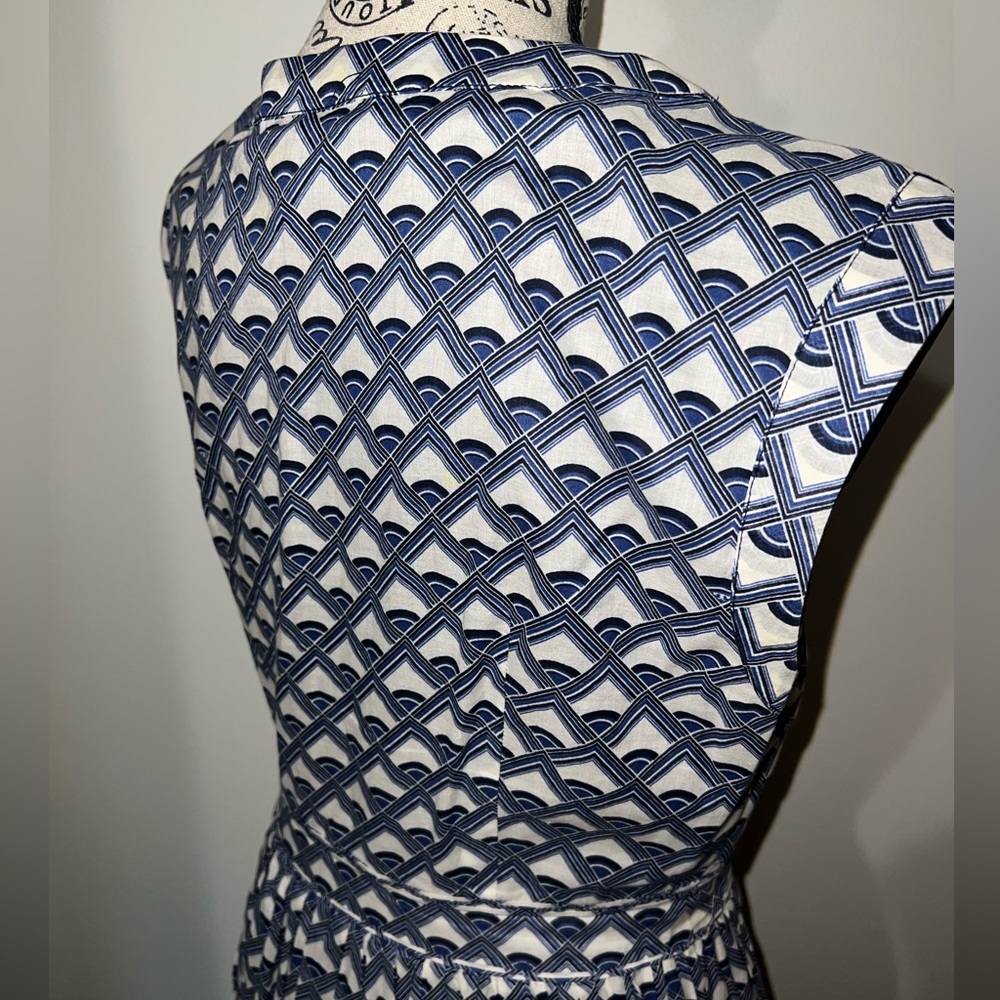 Tory Burch Blue White Geometric Print Sleeveless Pleated Dress Size 10 - Picture 7 of 13
